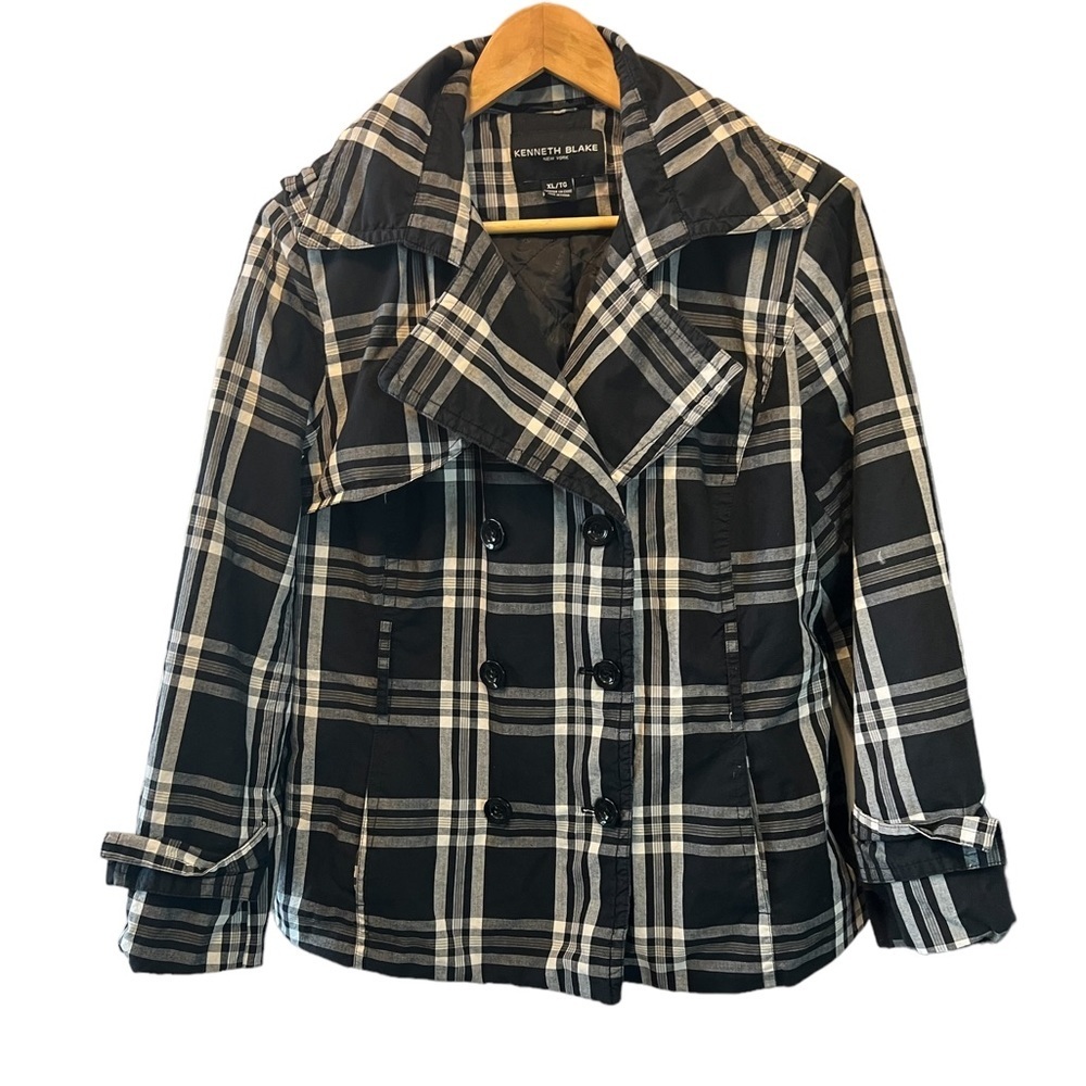 KENNETH BLAKE Black White Plaid Double Breasted Button Short Lightweight Jacket - Picture 1 of 8